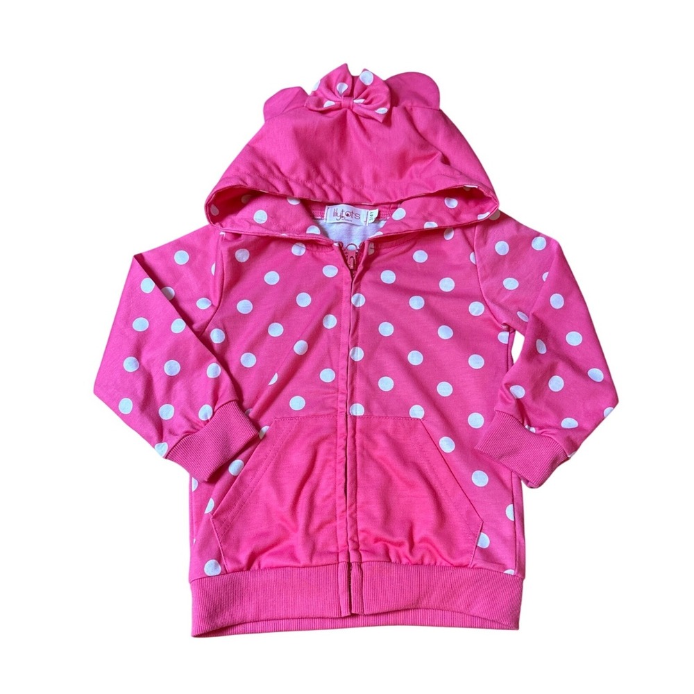 Lilytots Zip Up Hoodie Kids Pink Polka Dot Ear Hood Bow Detail SIZE 3/4T